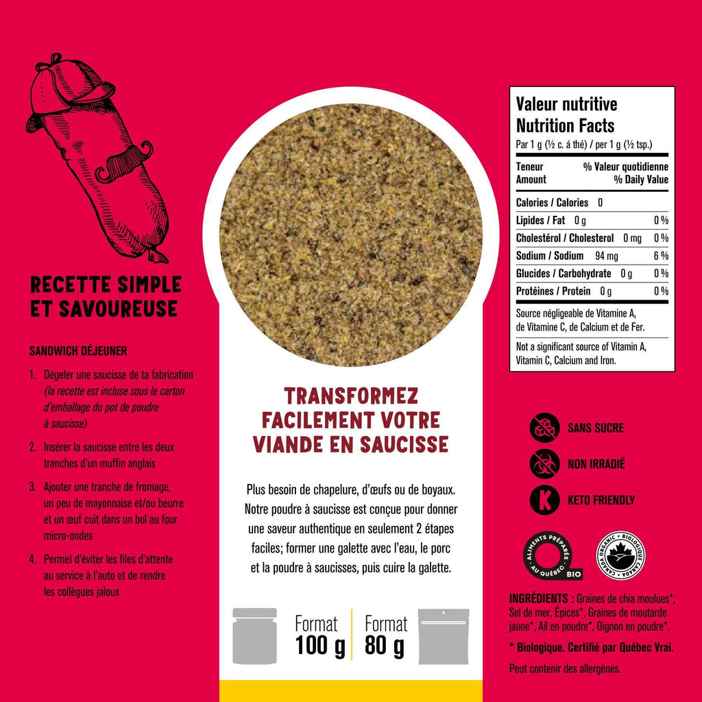 VRAC - Assaisonnement "Poudre à saucisses" (sans boyaux) 200g - Épices Bio - Les Savoureux